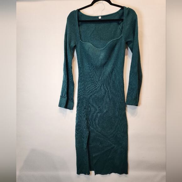 New Teal Green Bodycon Knit Sweater Dress Stretch Bell Sleeves Size XL - Picture 5 of 8